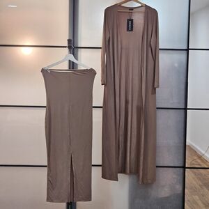 SHEIN SXY Brown Bare-shouldered Dress With Matching Long Sleeve Cardigan